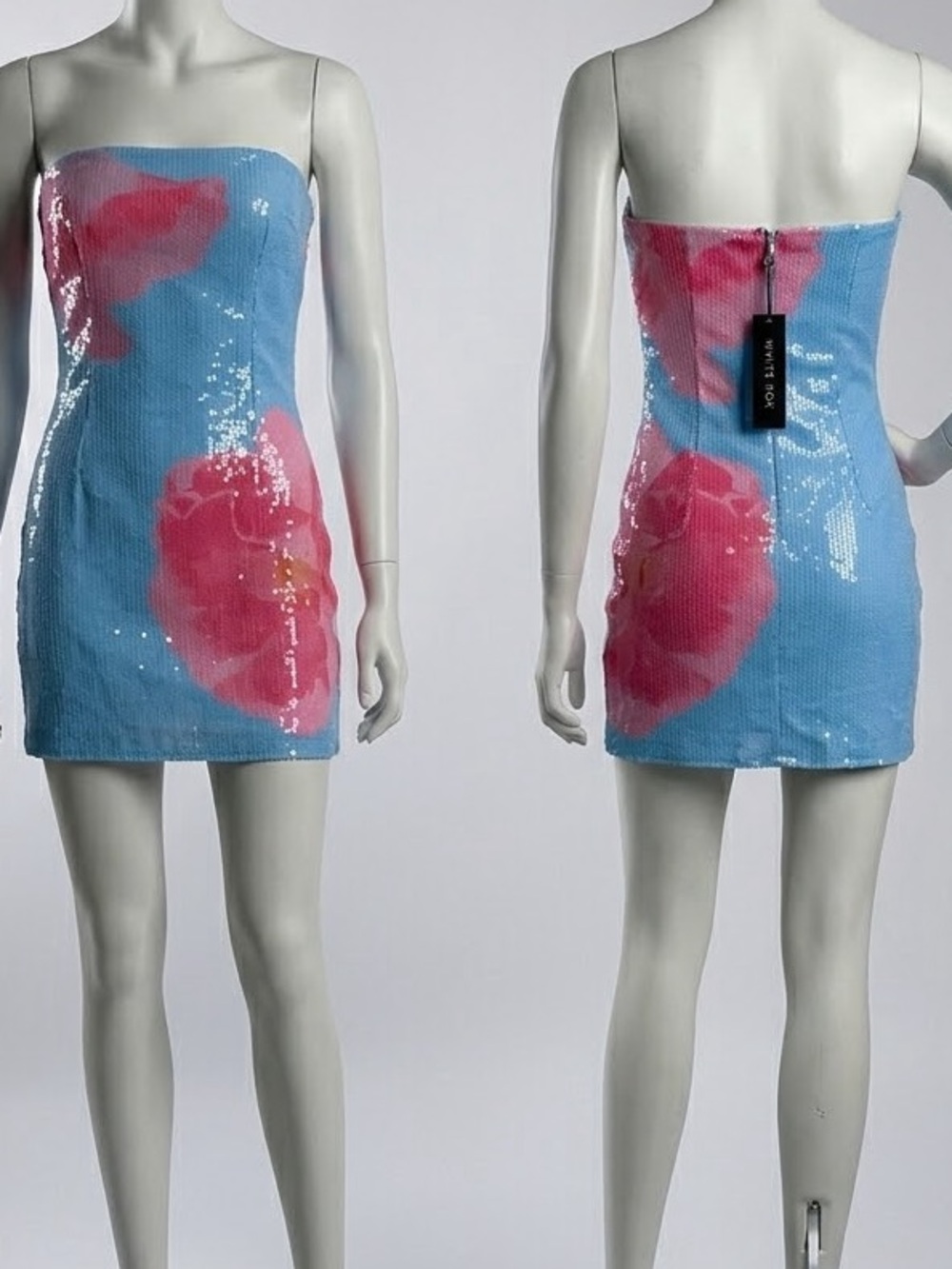 White Fox Boutique Blue Sequin Strapless Mini Dress with Pink Floral
